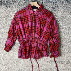 We The Free Shirt Womens XS Red Purple Plaid Cropped Wool Blend Distressed Tie